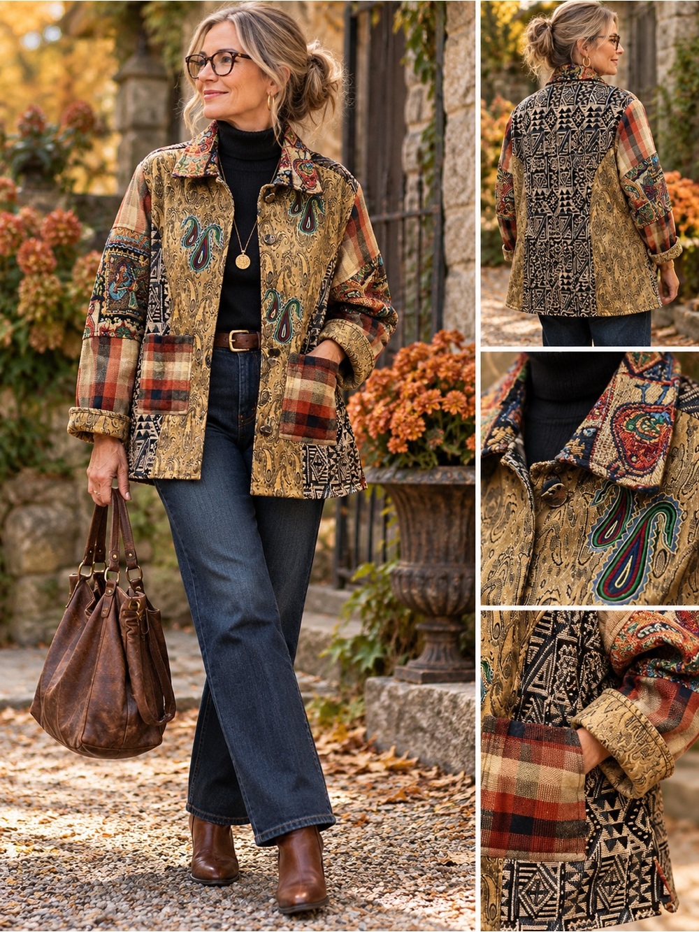 Boho Patchwork Tapestry Jacket XL | Artsy Eclectic Cotton Coat